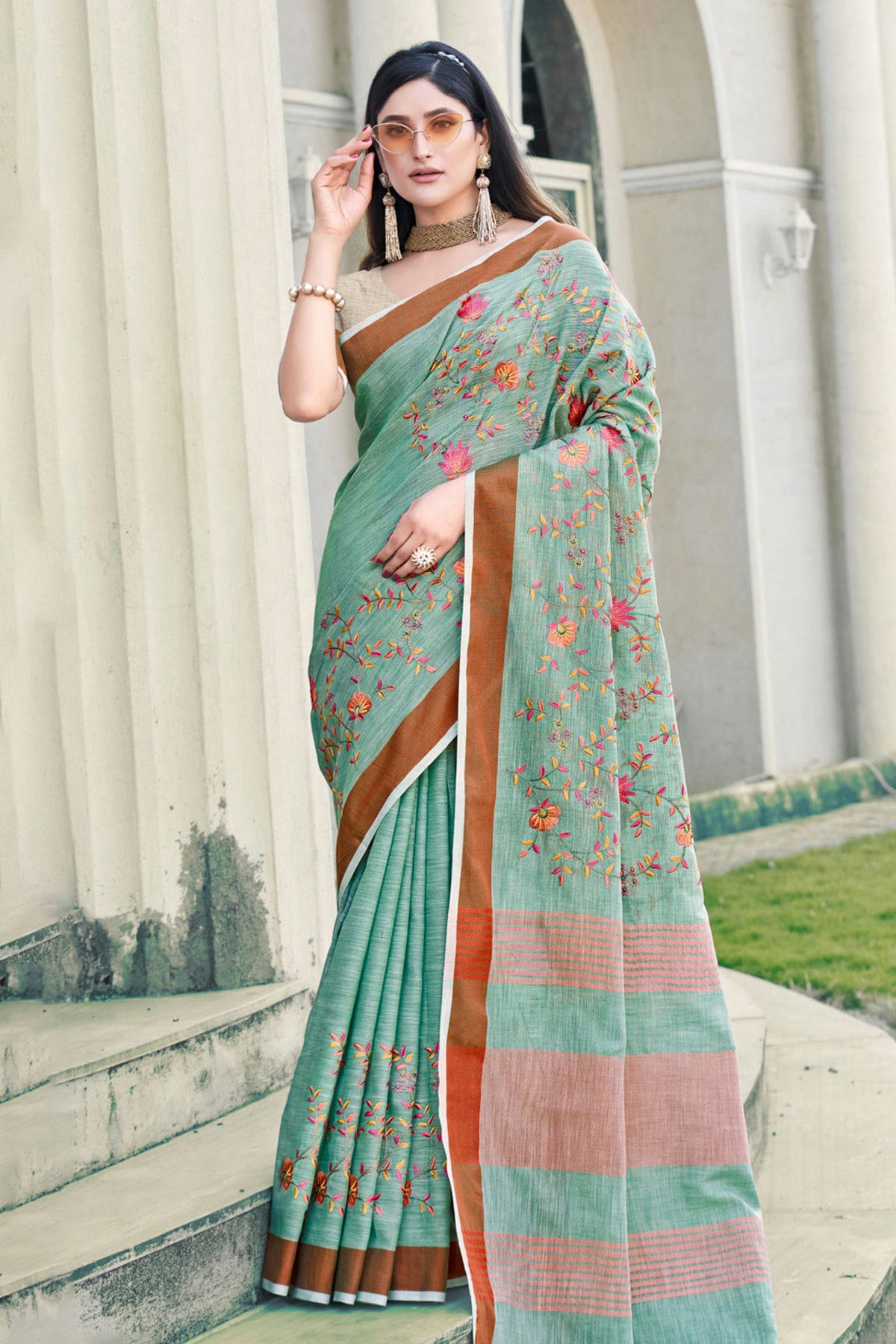 Rama Green Colour Embroidery Work Linen Saree