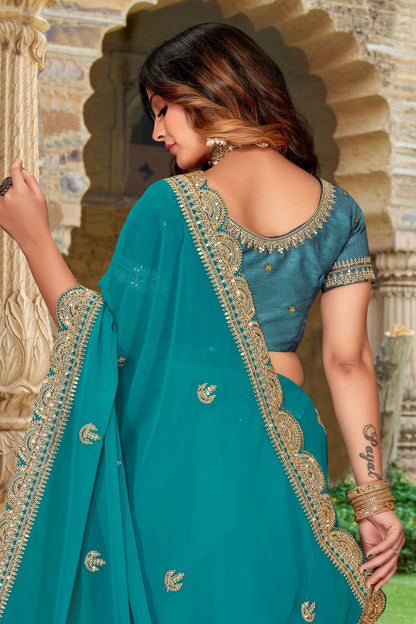 Rama Green Colour Georgette Designer Saree