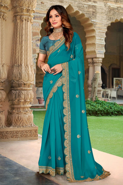 Rama Green Colour Georgette Designer Saree