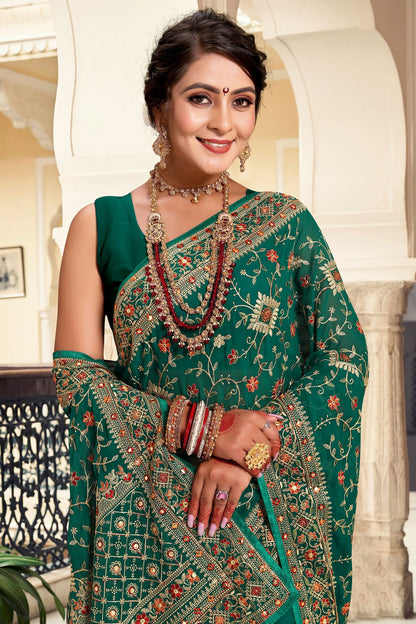 Rama Green Colour Georgette Designer Saree