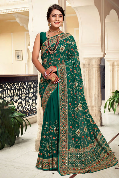 Rama Green Colour Georgette Designer Saree