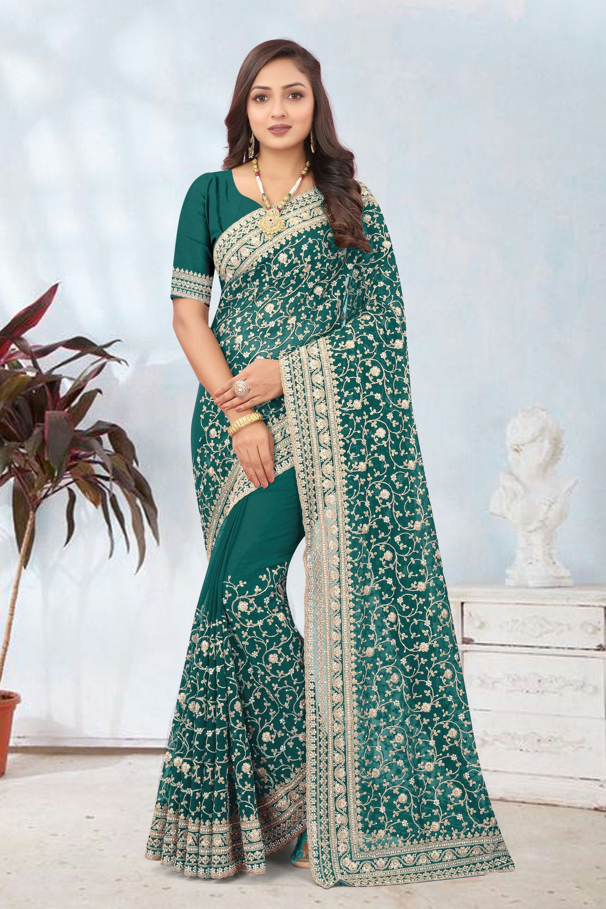 Rama Green Colour Georgette Designer Saree