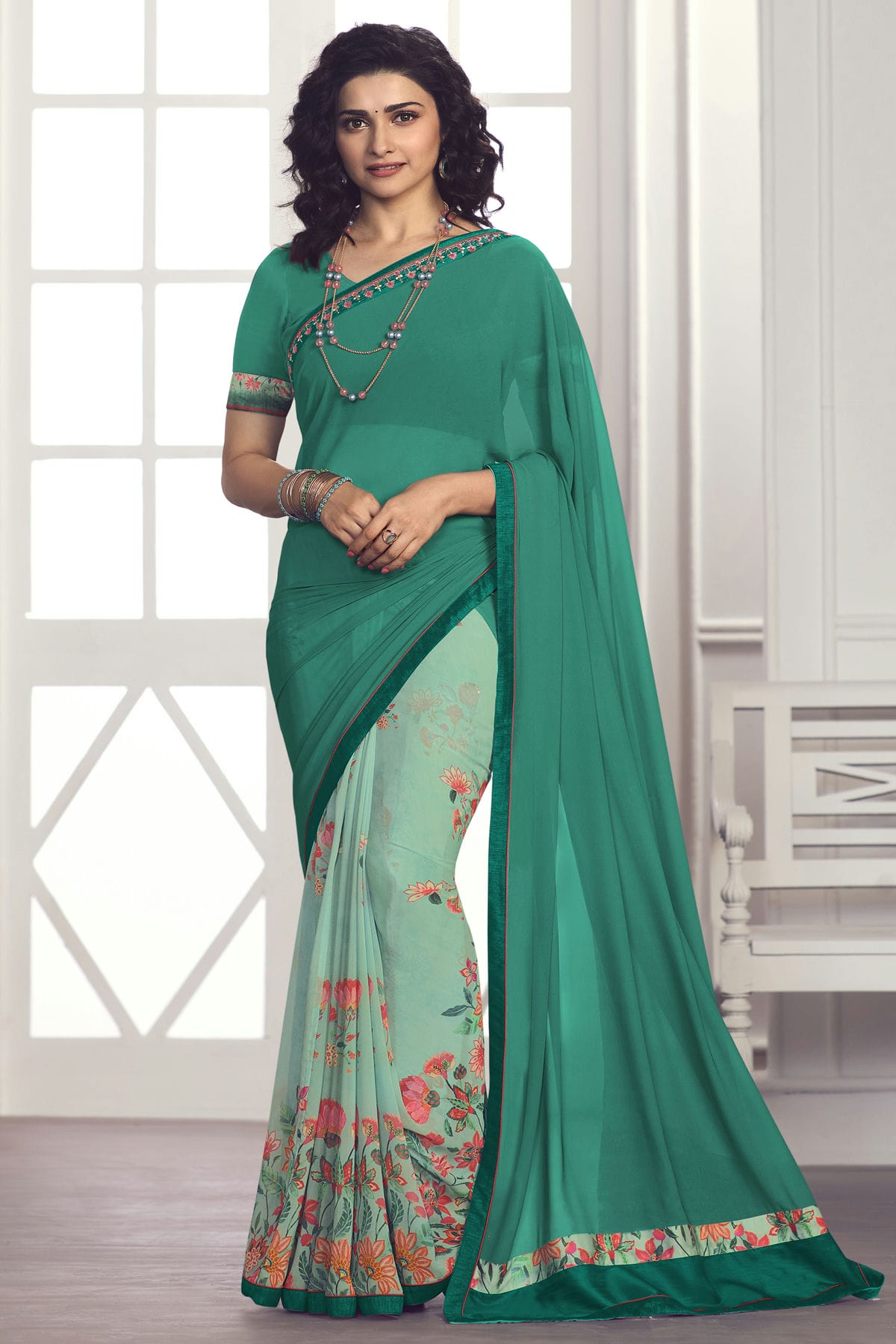 Rama Green Colour Georgette Printed Saree