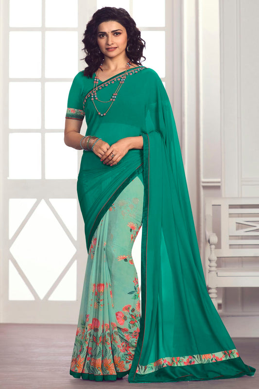 Rama Green Colour Georgette Printed Saree