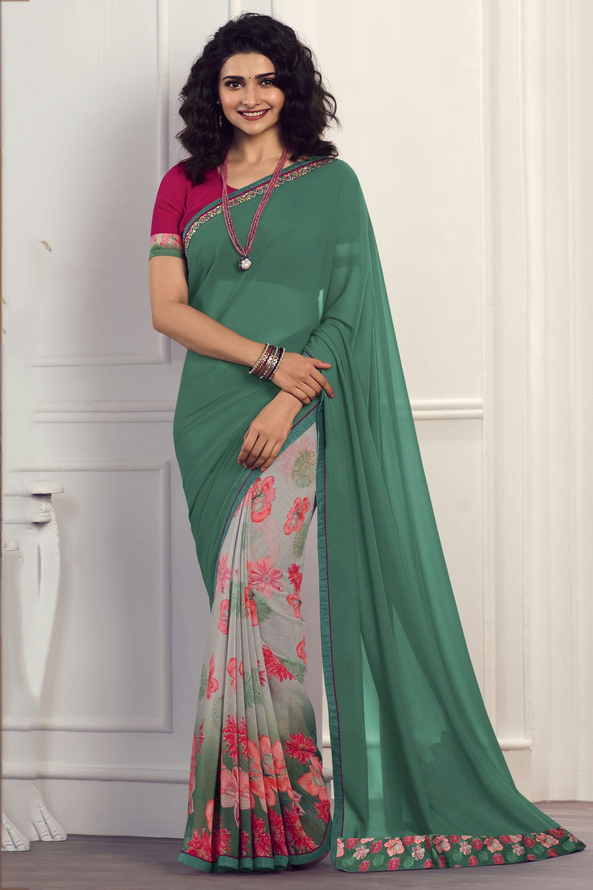 Rama Green Colour Georgette Printed Saree