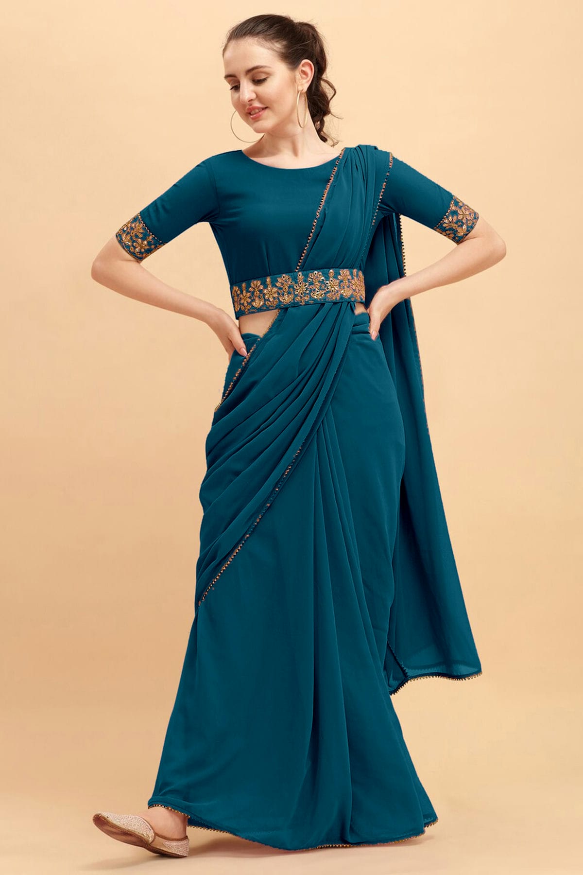 Rama Green Colour Georgette Solid Saree