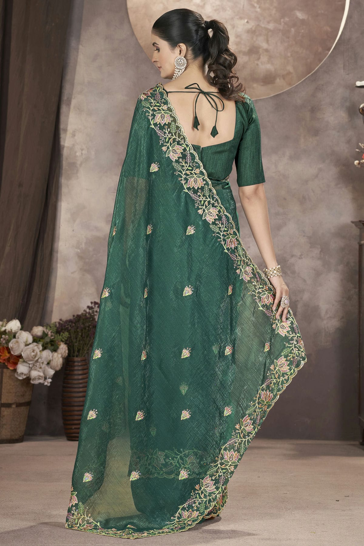 Rama Green Colour Gold Crunchy Designer Saree VSSD1112574