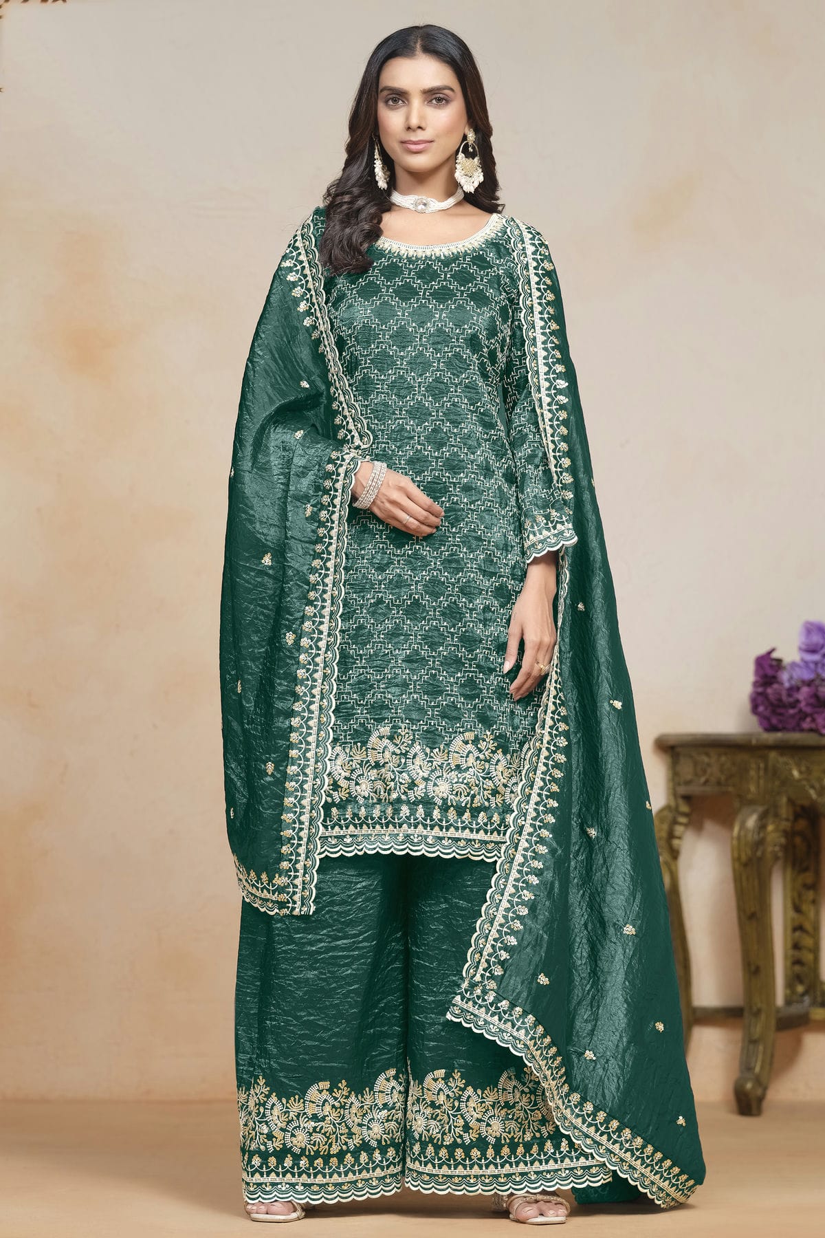 Rama Green Colour Gold Crush Semi Stitched Palazzo Pant Suit