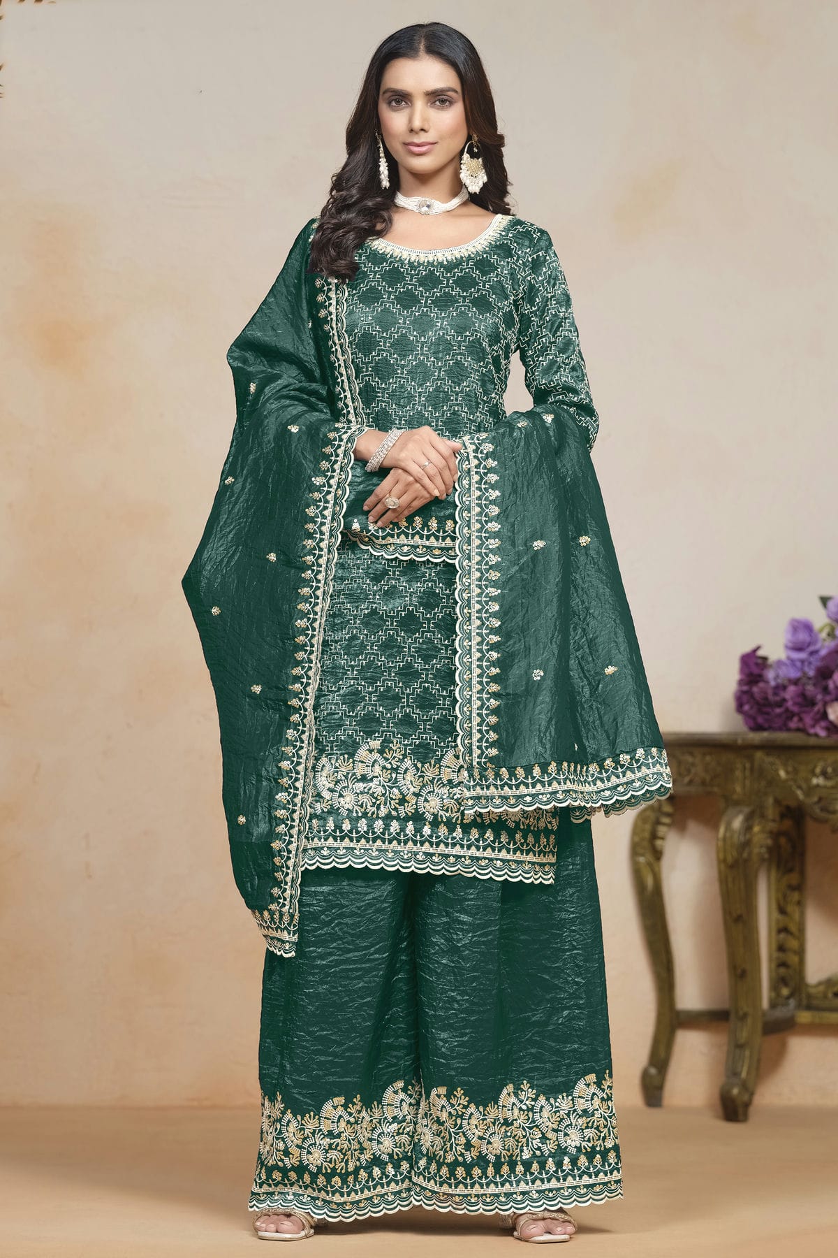 Rama Green Colour Gold Crush Semi Stitched Palazzo Pant Suit