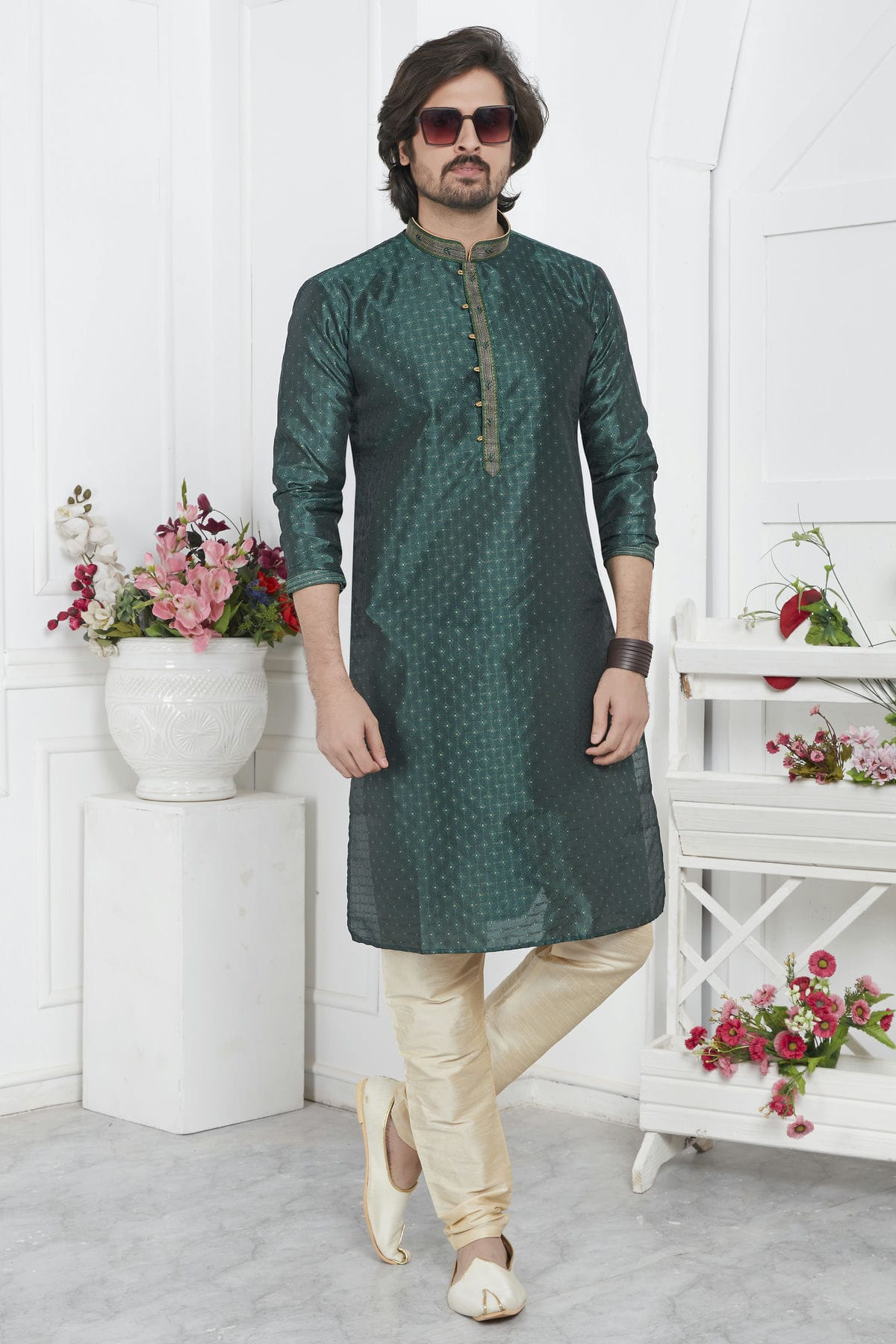 Rama Green Colour Jacquard Silk Brocade Kurta Pajama VSKP1230218