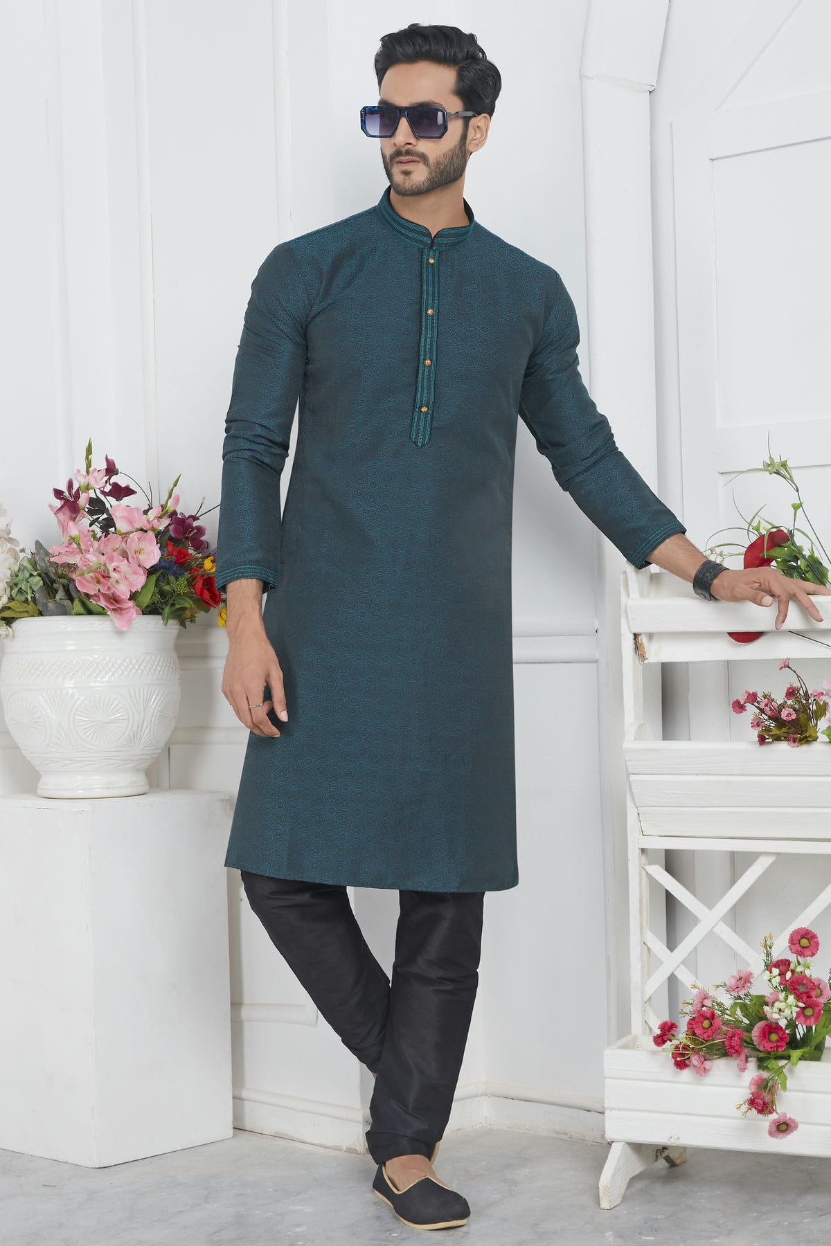 Rama Green Colour Jacquard Silk Brocade Kurta Pajama VSKP1230222