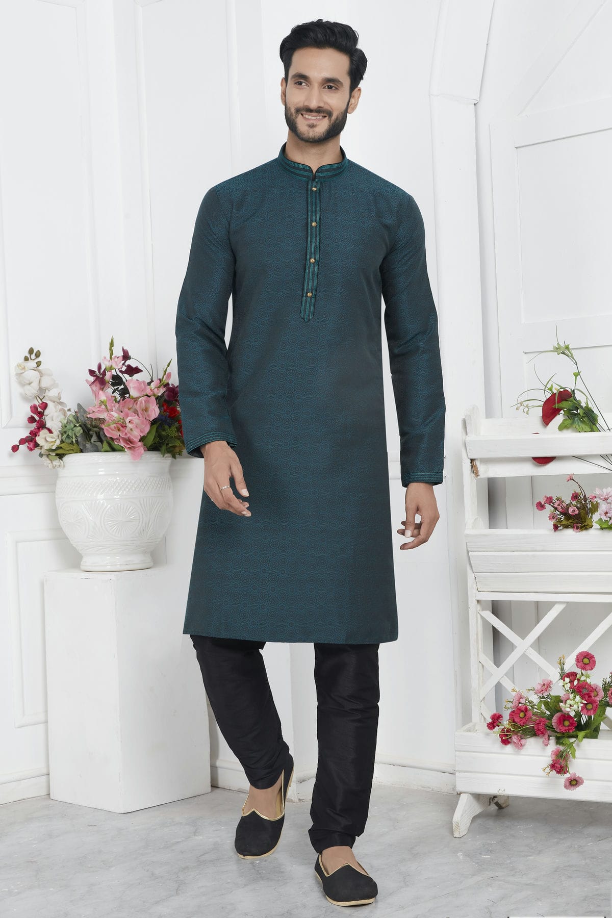 Rama Green Colour Jacquard Silk Brocade Kurta Pajama