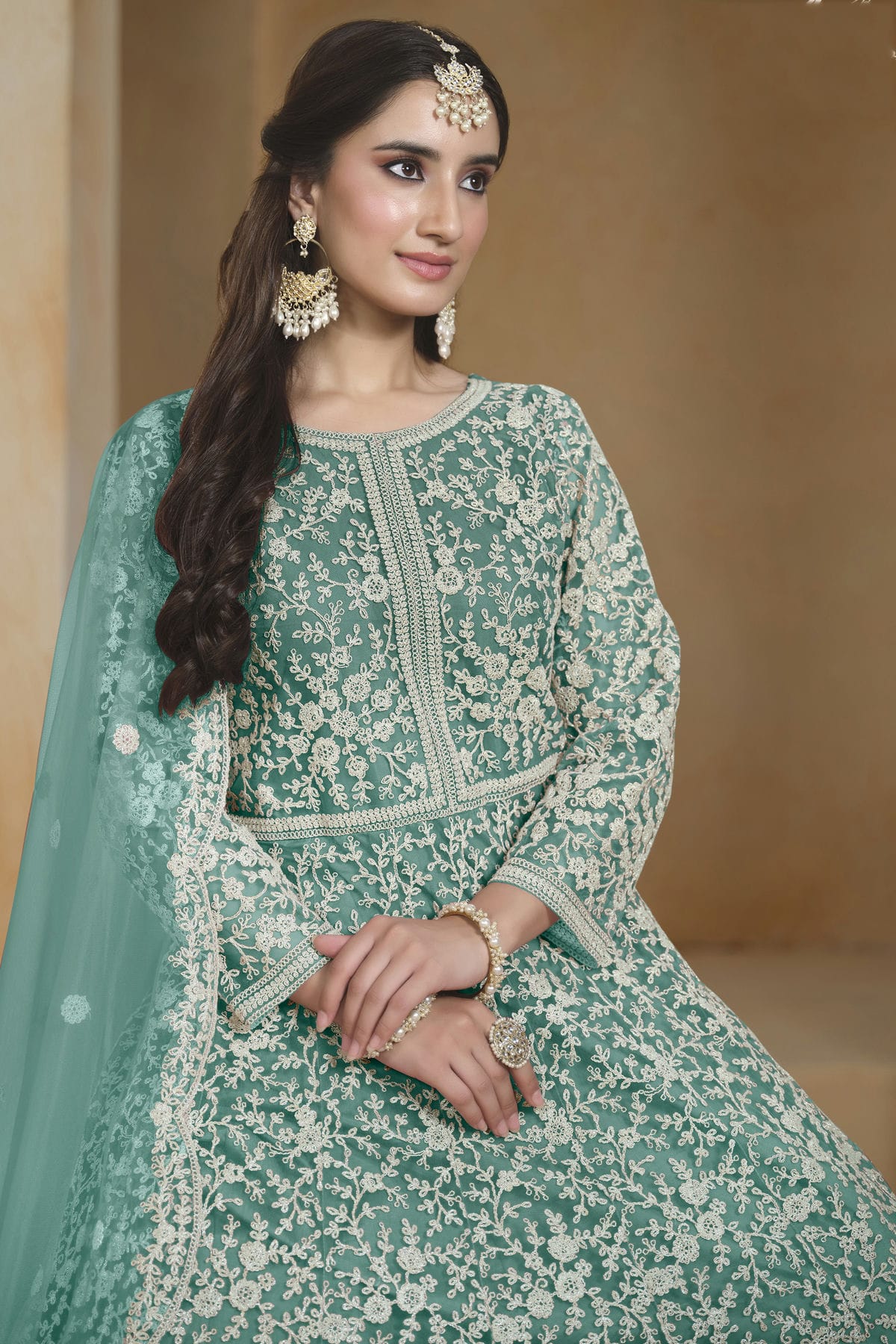 Rama Green Colour Net Semi Stitched Anarkali Suit VSSM1050623