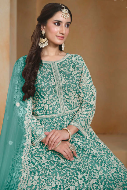 Rama Green Colour Net Semi Stitched Anarkali Suit VSSM1050623