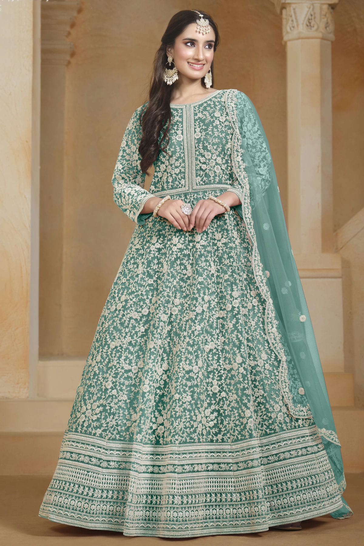 Rama Green Colour Net Semi Stitched Anarkali Suit