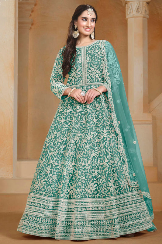 Rama Green Colour Net Semi Stitched Anarkali Suit