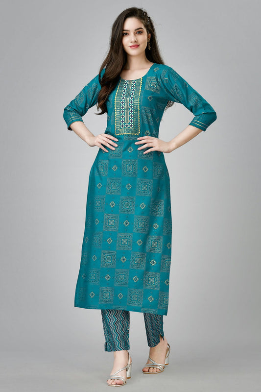 Rama Green Colour Rayon Kurta And Pant Set