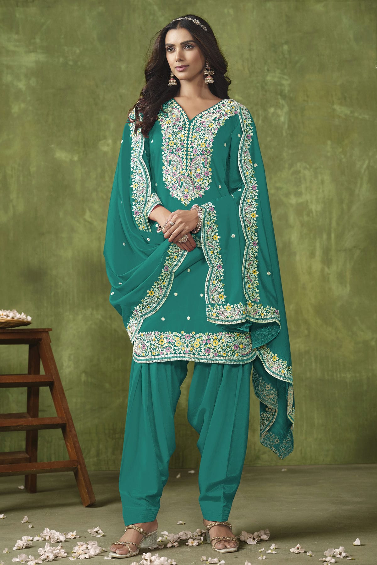 Rama Green Colour Roman Silk Patiala Suit