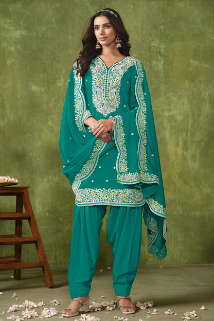 Rama Green Colour Roman Silk Patiala Suit