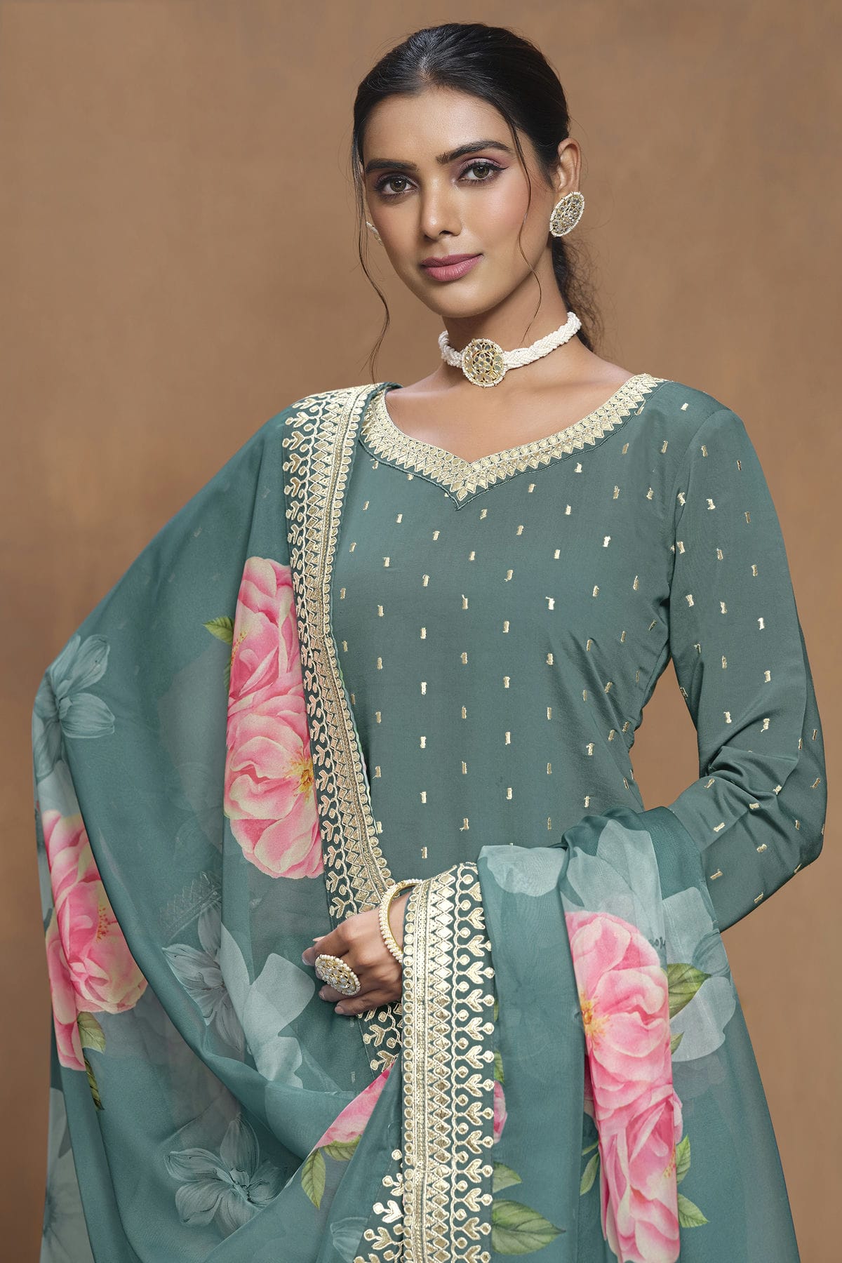 Rama Green Colour Roman Silk Sharara Suit