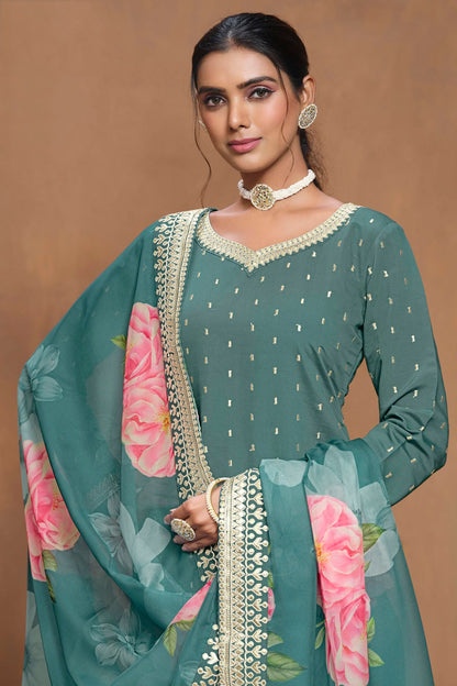 Rama Green Colour Roman Silk Sharara Suit