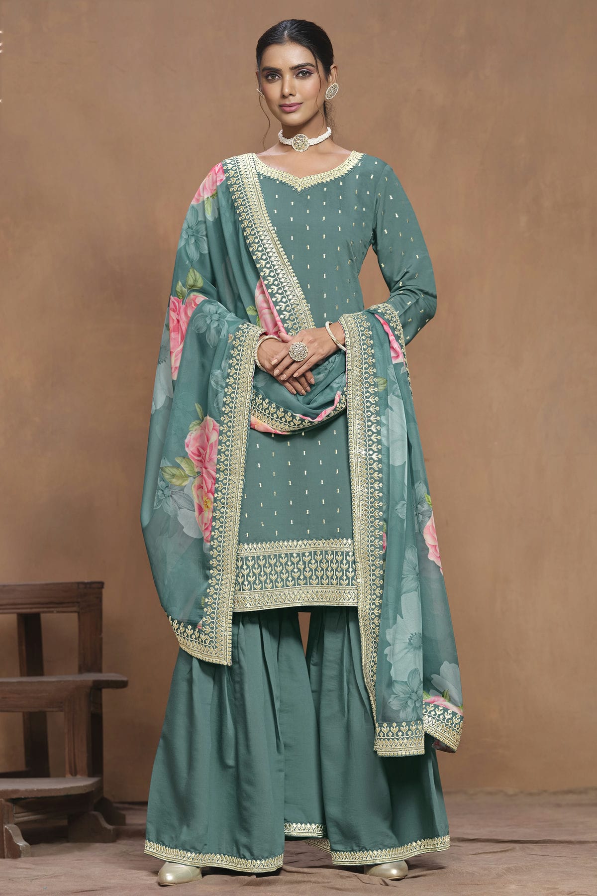 Rama Green Colour Roman Silk Sharara Suit