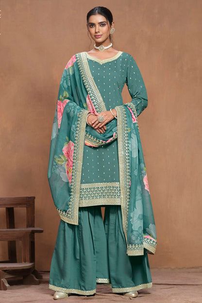 Rama Green Colour Roman Silk Sharara Suit