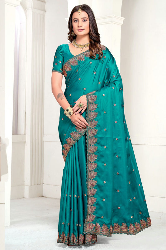 Rama Green Colour Satin Designer Saree