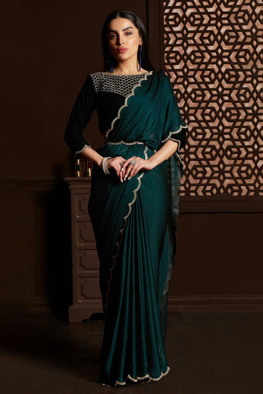 Rama Green Colour Satin Silk Chiffon Designer Saree