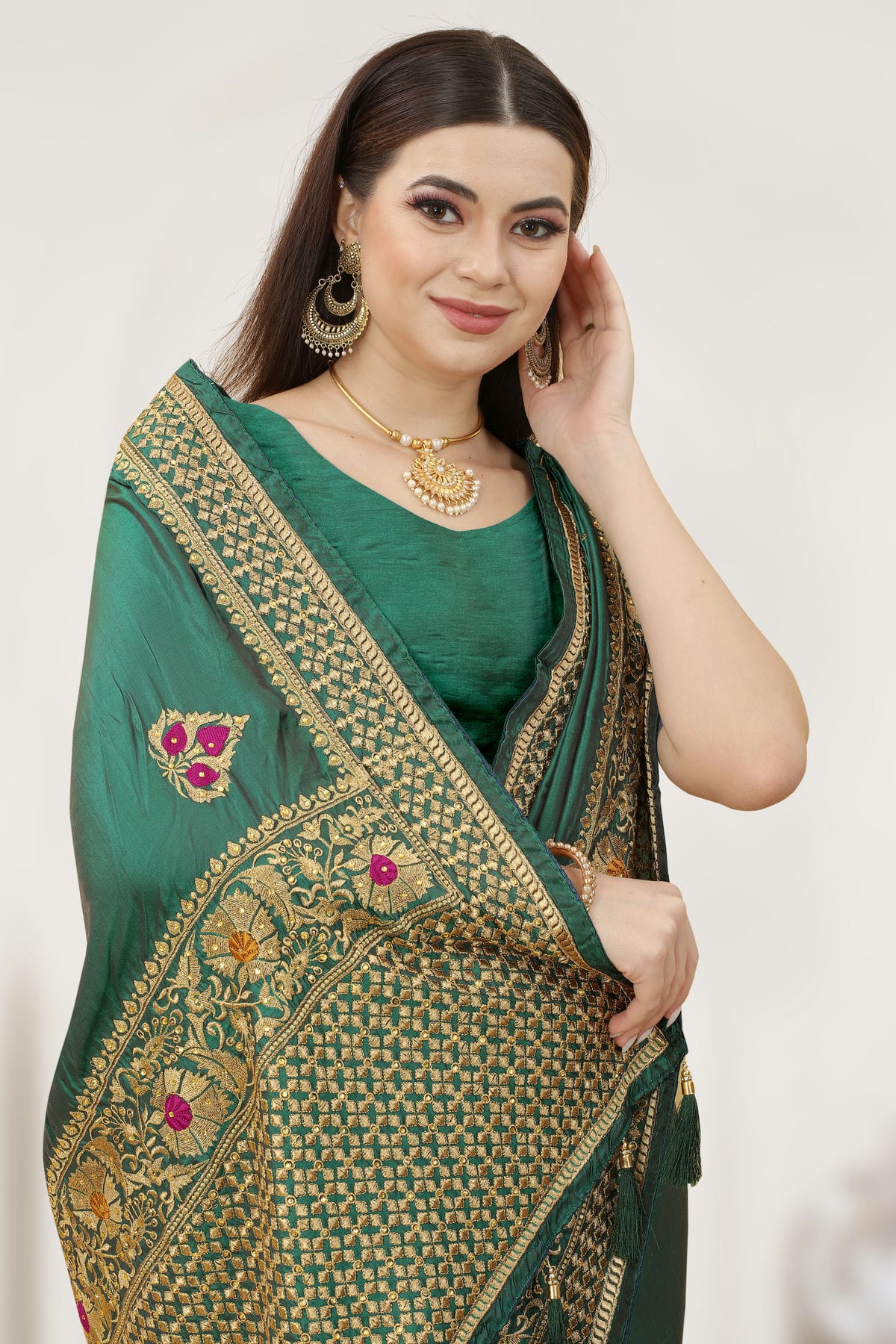 Rama Green Colour Satin Silk Designer Saree