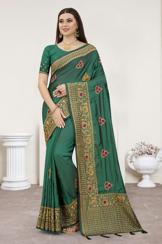 Rama Green Colour Satin Silk Designer Saree