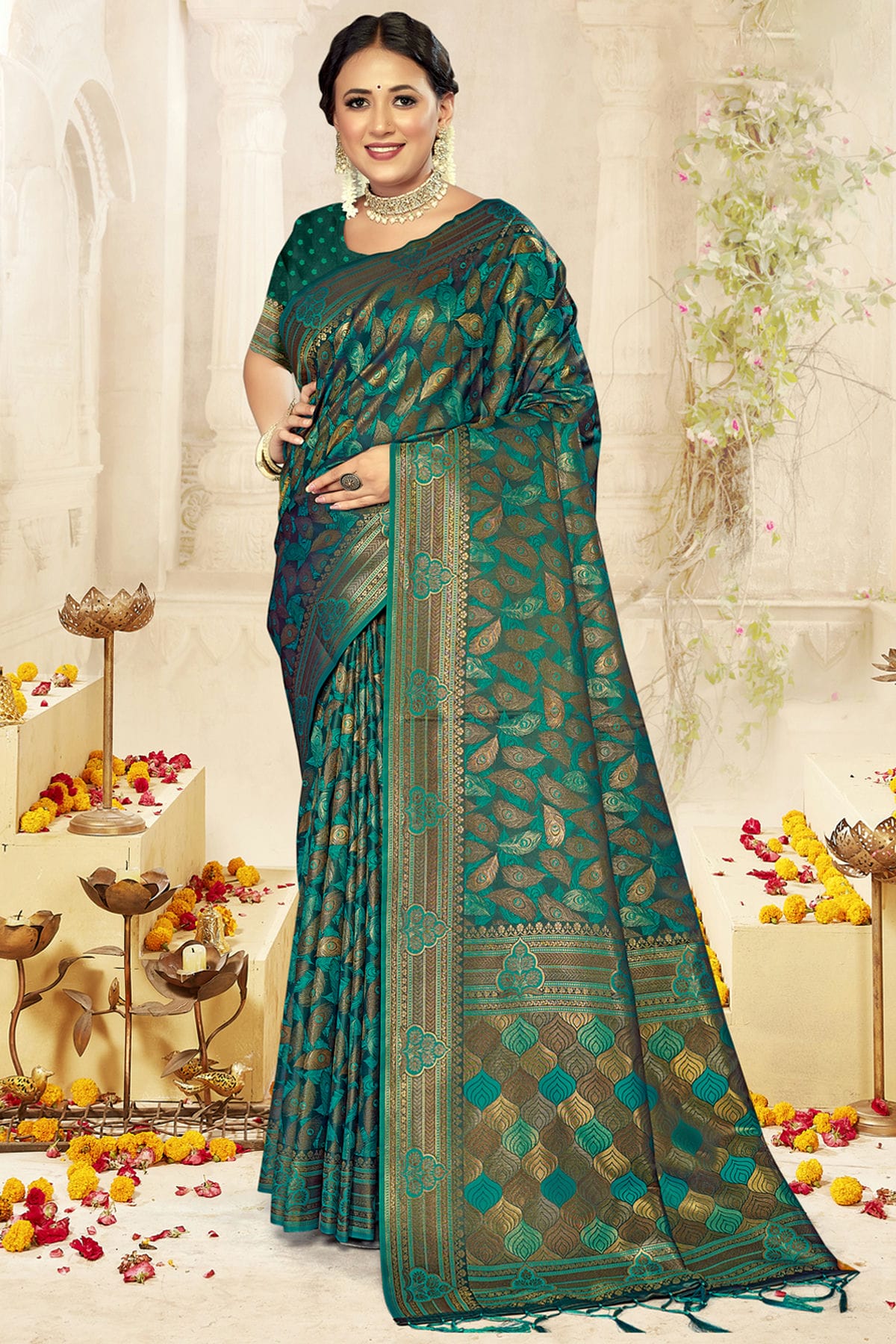 Rama Green Colour Satin Silk Traditional Saree