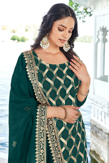 Rama Green Colour Semi Stitched Blooming Vichitra Pant Style Suit