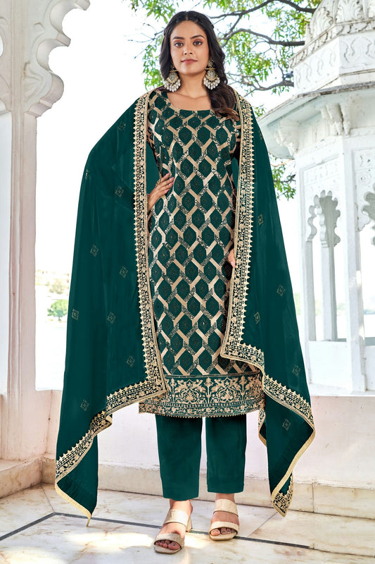 Rama Green Colour Semi Stitched Blooming Vichitra Pant Style Suit