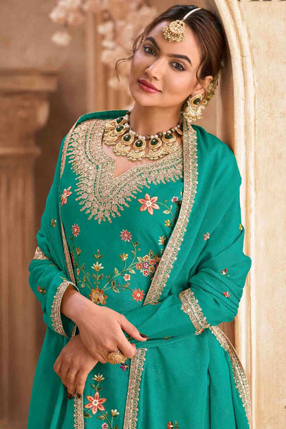 Rama Green Colour Semi Stitched Chinon Palazzo Pant Suit VSSM1140721