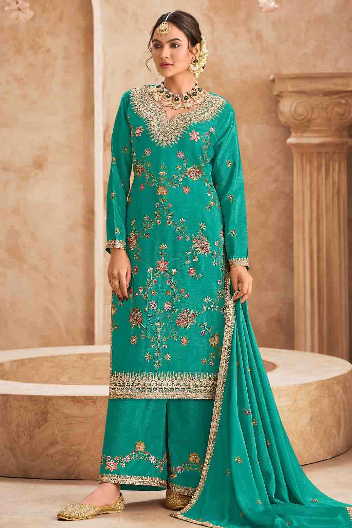 Rama Green Colour Semi Stitched Chinon Palazzo Pant Suit VSSM1140721