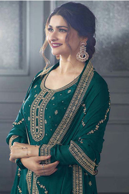 Rama Green Colour Semi Stitched Dola Jacquard Silk Palazzo Pant Suit