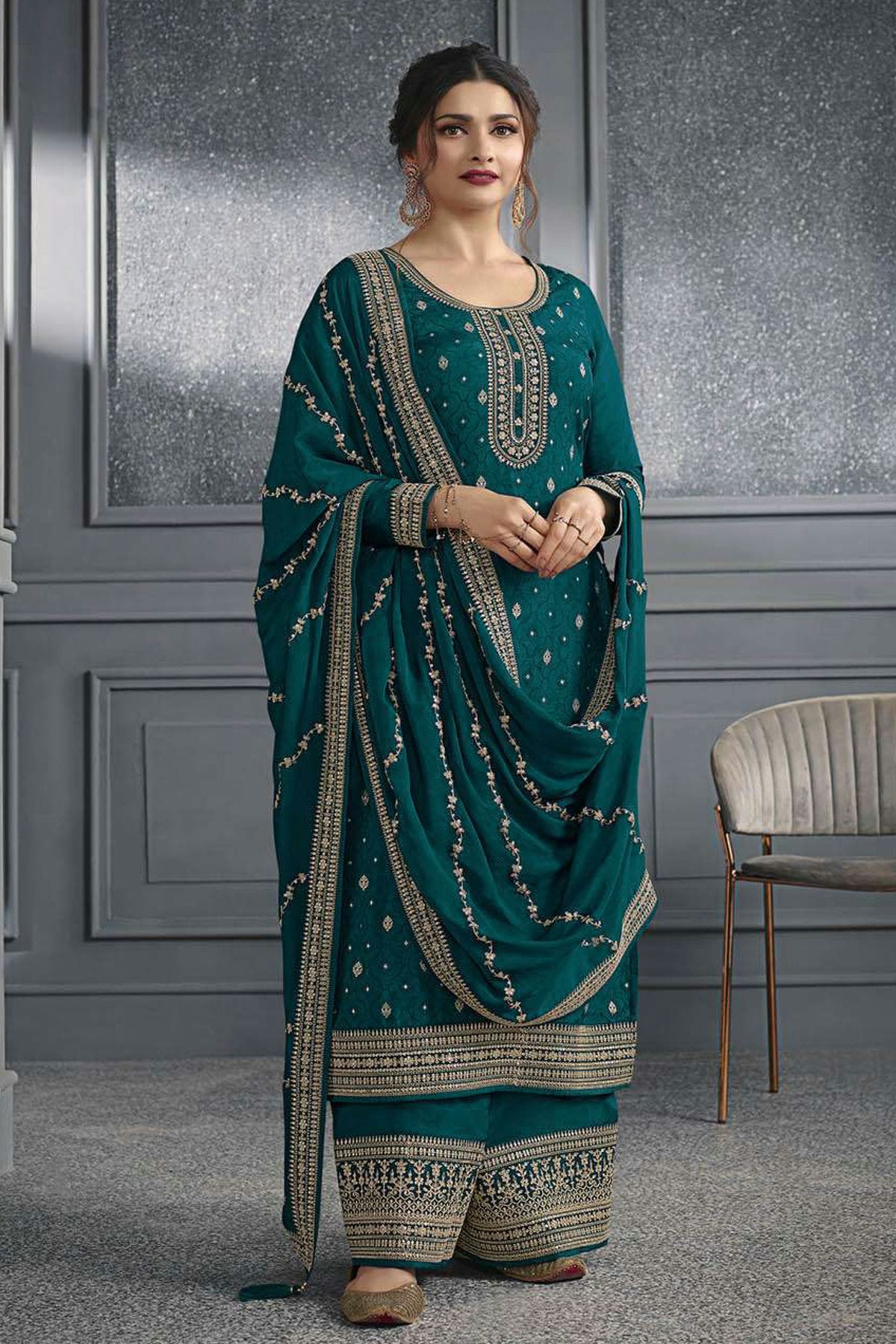 Rama Green Colour Semi Stitched Dola Jacquard Silk Palazzo Pant Suit