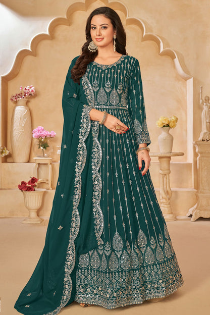 Rama Green Colour Semi Stitched Faux Georgette Anarkali Suit