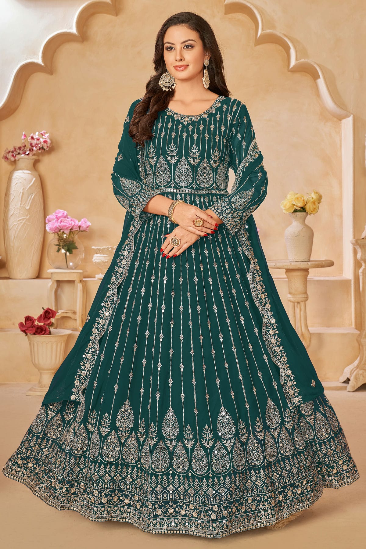 Rama Green Colour Semi Stitched Faux Georgette Anarkali Suit