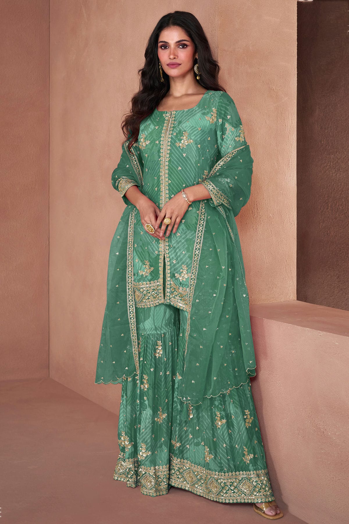 Rama Green Colour Semi Stitched Faux Georgette Sharara Suit