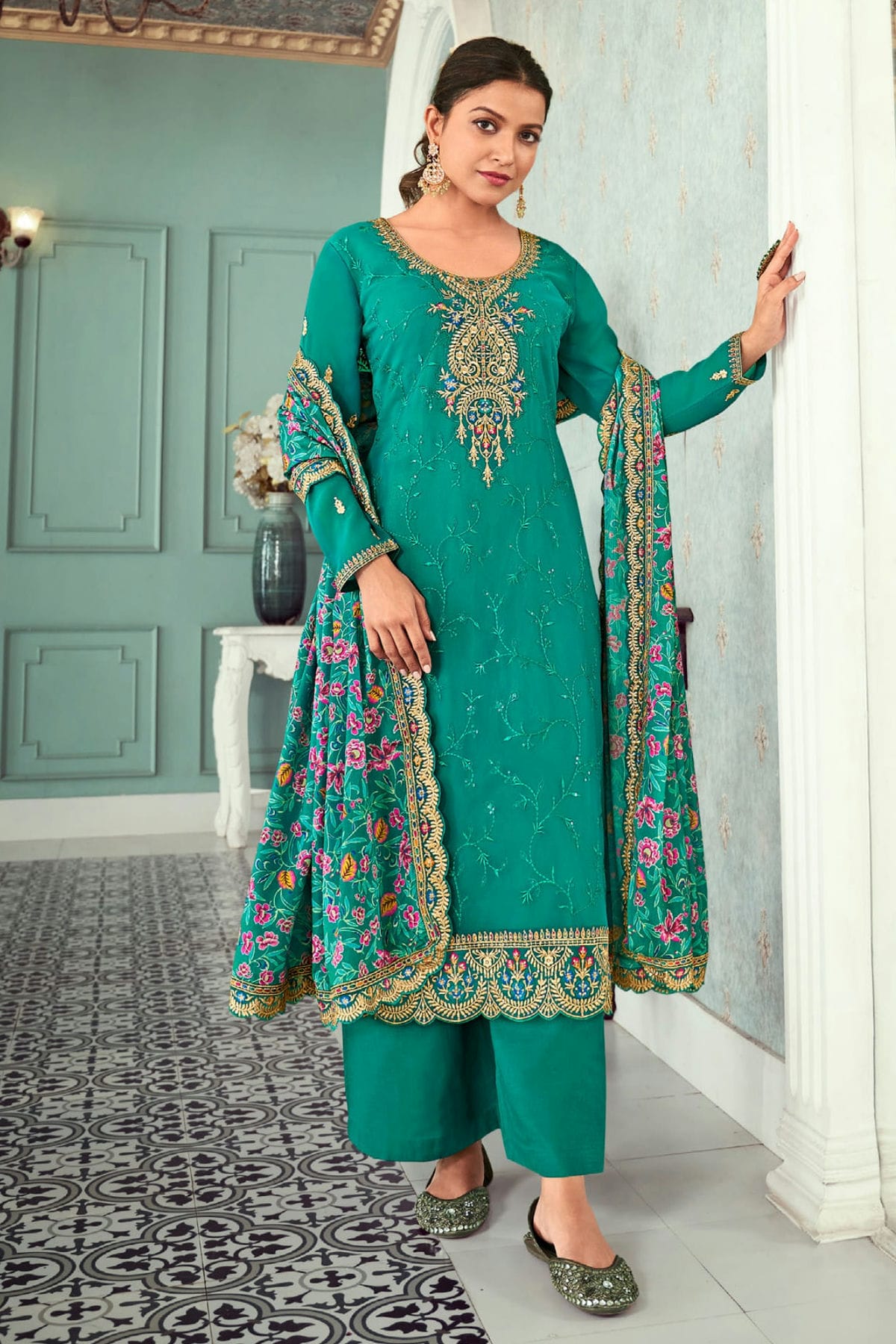 Rama Green Colour Semi Stitched Georgette Pant Style Suit