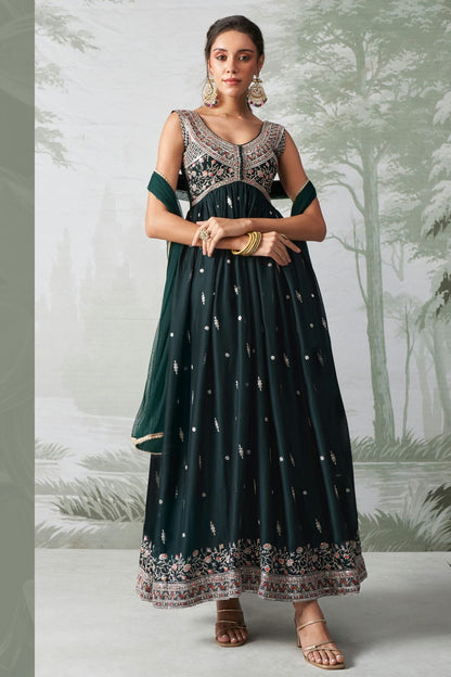 Rama Green Colour Semi Stitched Rangoli Georgette Anarkali Suit