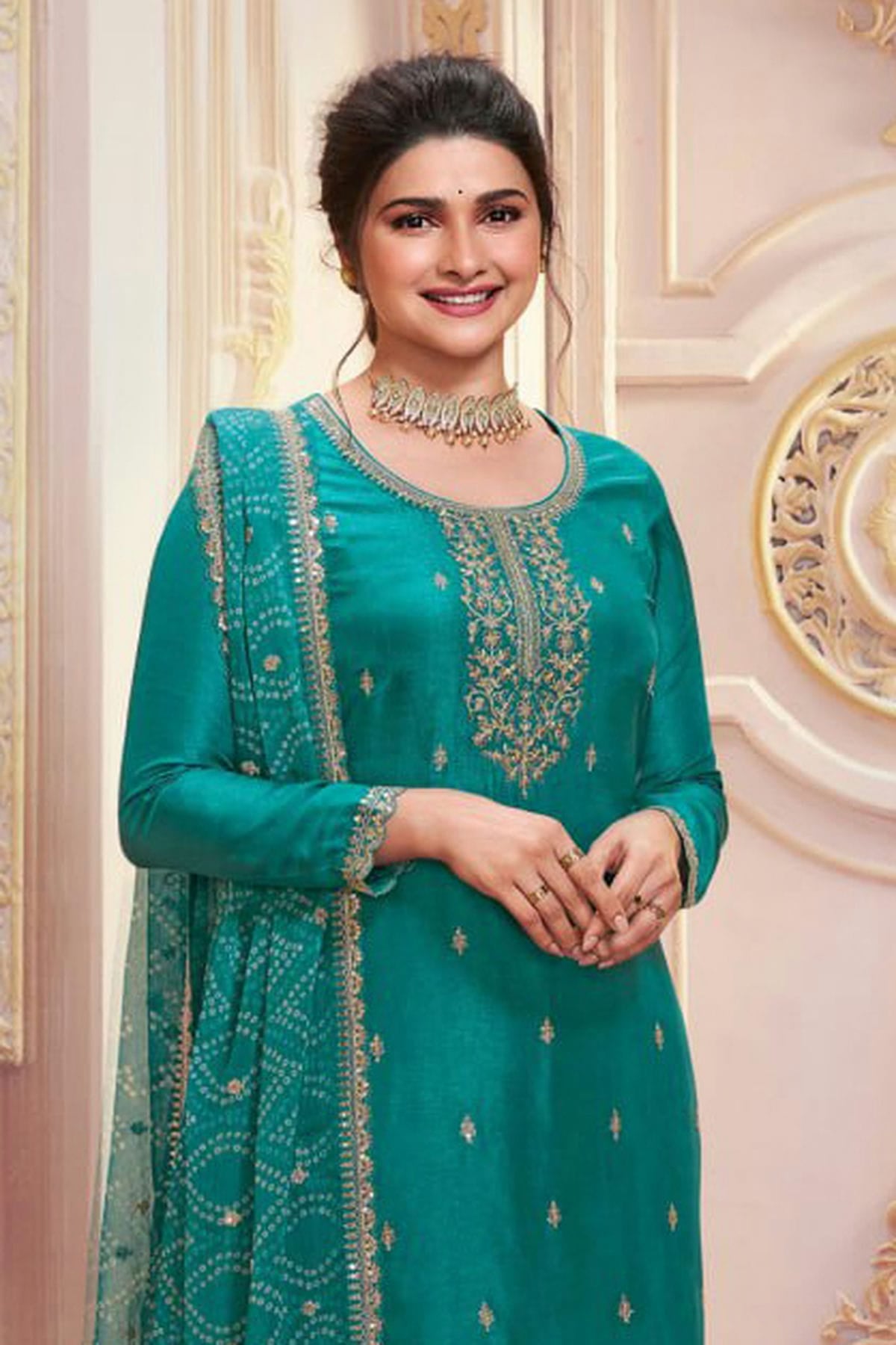 Rama Green Colour Semi Stitched Silk Georgette Pant Style Suit