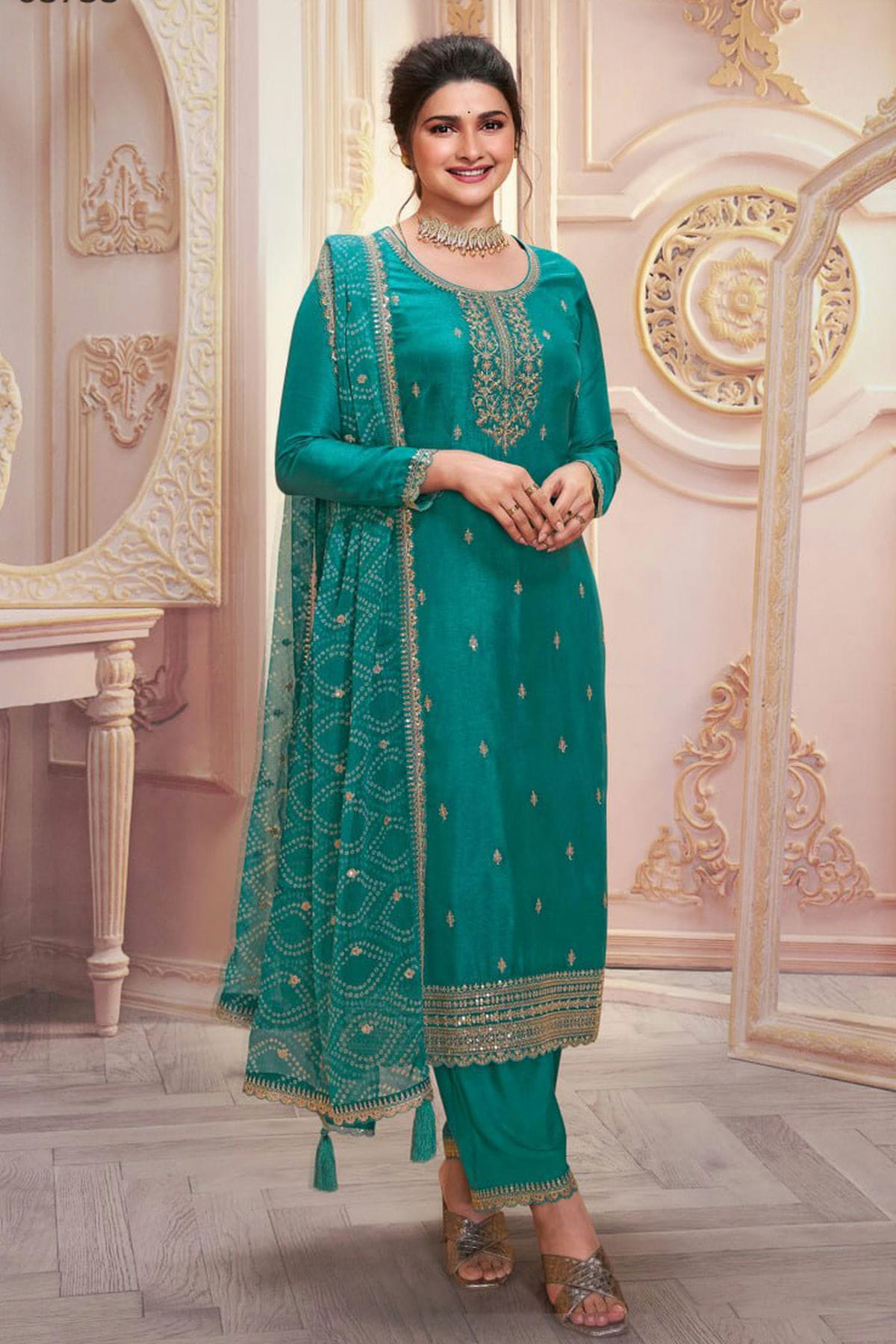 Rama Green Colour Semi Stitched Silk Georgette Pant Style Suit