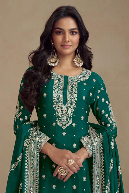 Rama Green Colour Semi Stitched Silk Palazzo Pant Suit