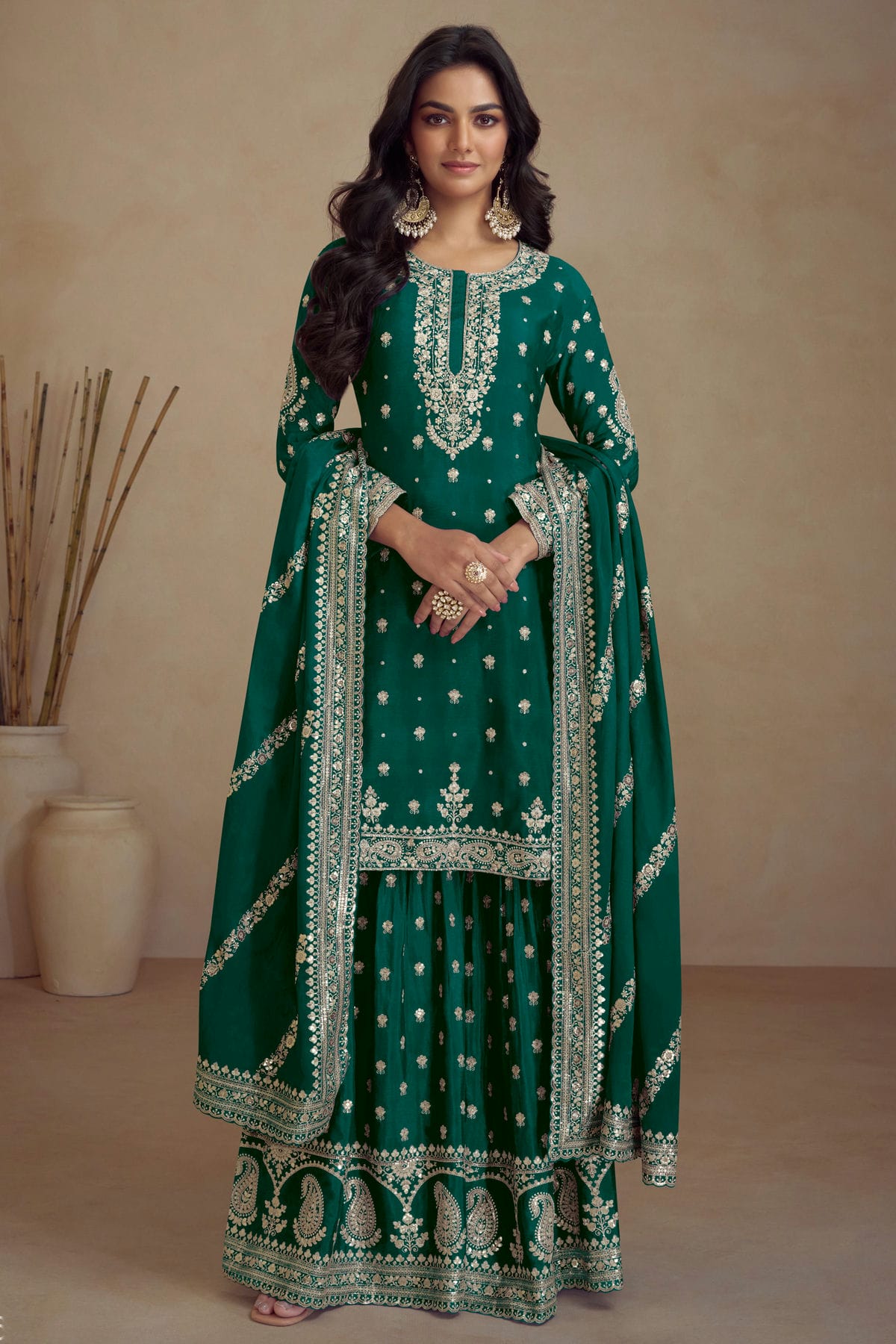 Rama Green Colour Semi Stitched Silk Palazzo Pant Suit