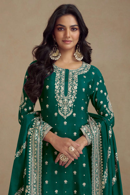 Rama Green Colour Semi Stitched Silk Palazzo Pant Suit VSSM1140669