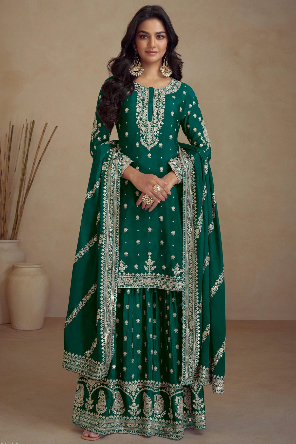 Rama Green Colour Semi Stitched Silk Palazzo Pant Suit VSSM1140669