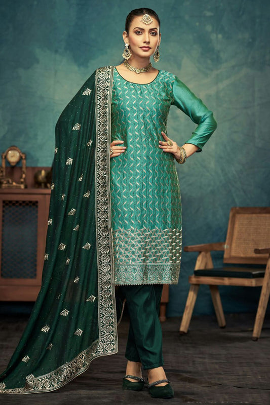 Rama Green Colour Semi Stitched Vichitra Silk Pant Style Suit